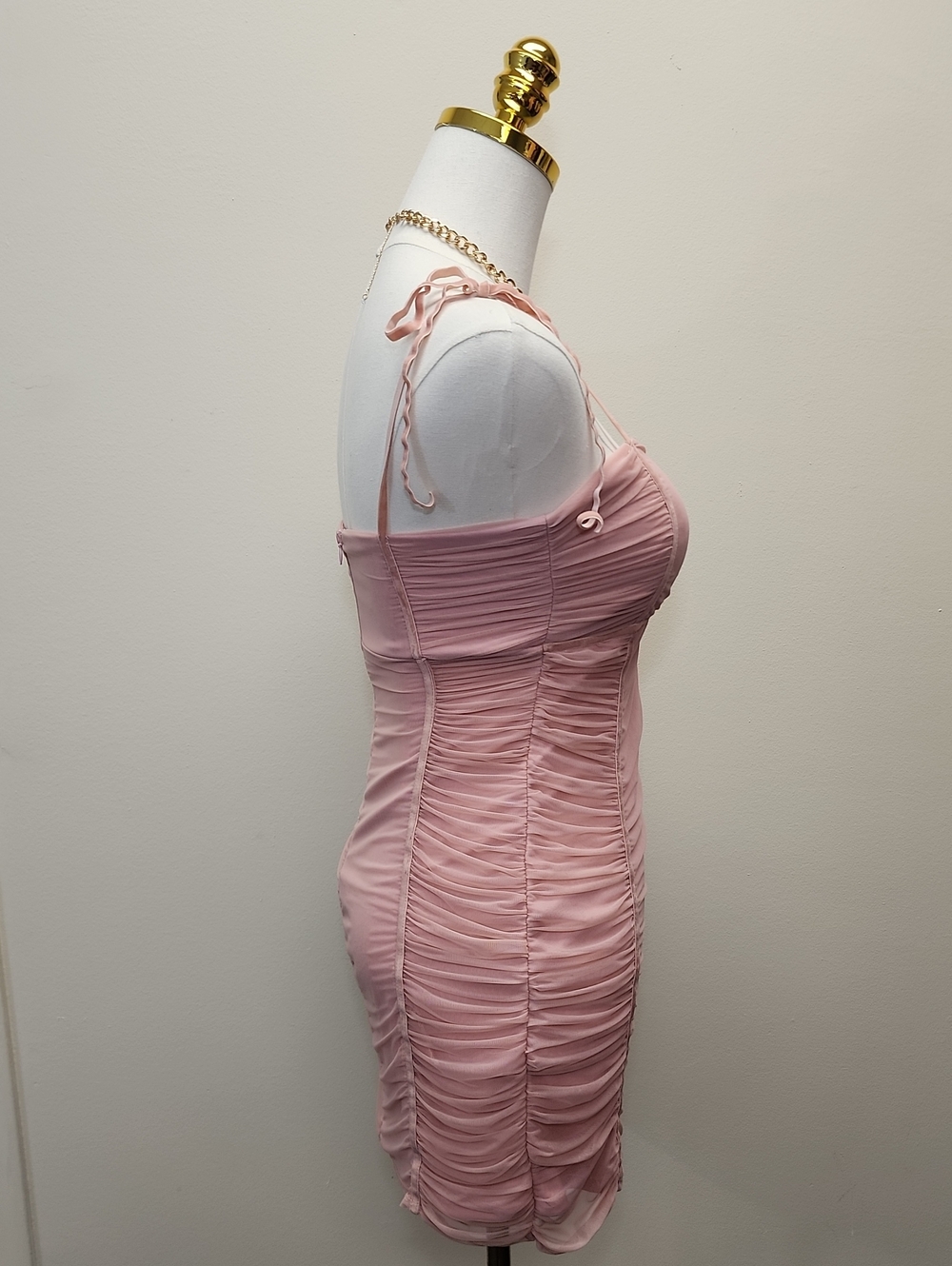 Blue Blush Pink Ruched Tie Shoulder Mini Dress Size Medium - Picture 4 of 11